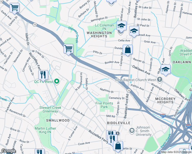 map of restaurants, bars, coffee shops, grocery stores, and more near 105 Mattoon Street in Charlotte