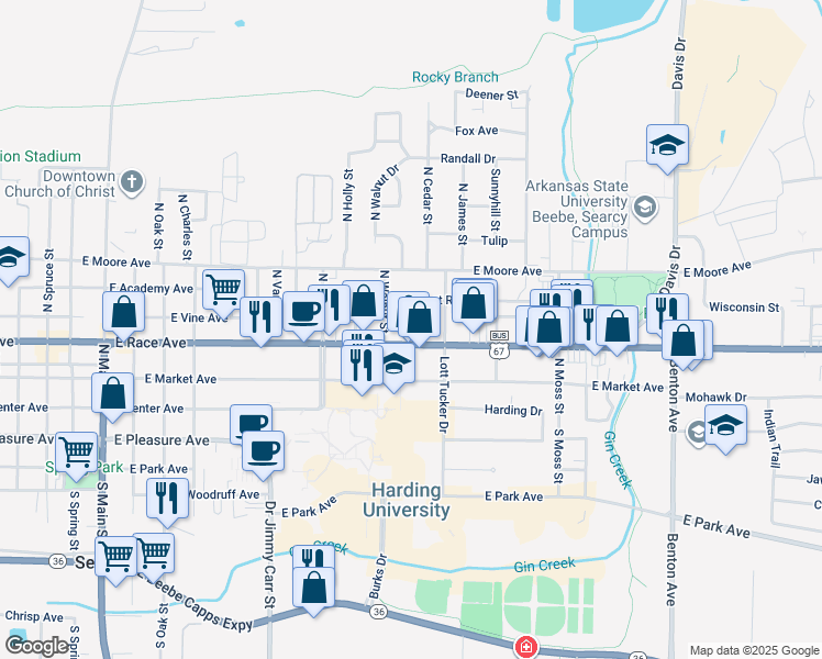 map of restaurants, bars, coffee shops, grocery stores, and more near 1100 East Race Avenue in Searcy