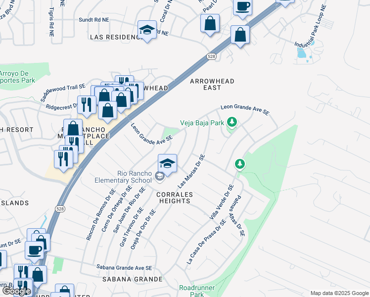 map of restaurants, bars, coffee shops, grocery stores, and more near 210 San Juan De Rio Drive Southeast in Rio Rancho