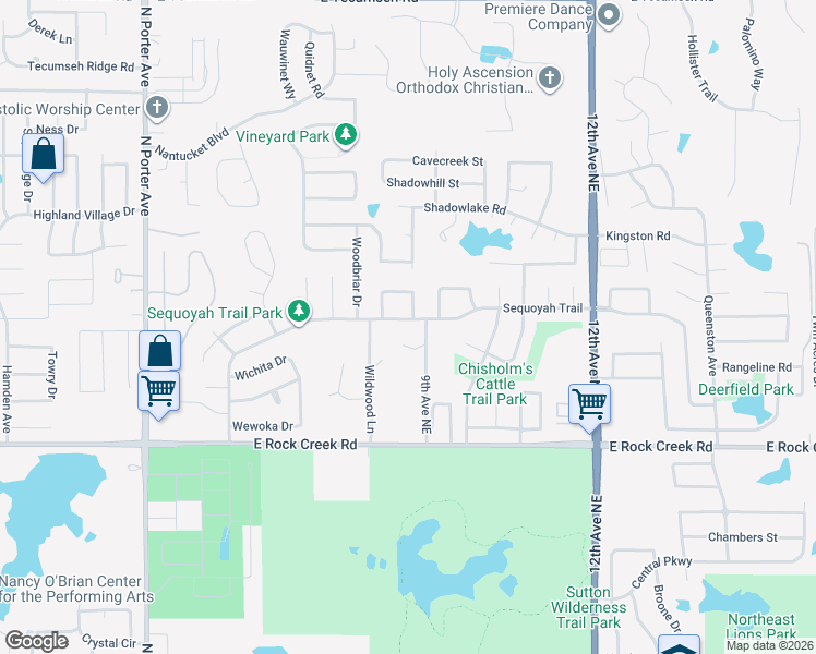 map of restaurants, bars, coffee shops, grocery stores, and more near 808 Sequoyah Trail in Norman