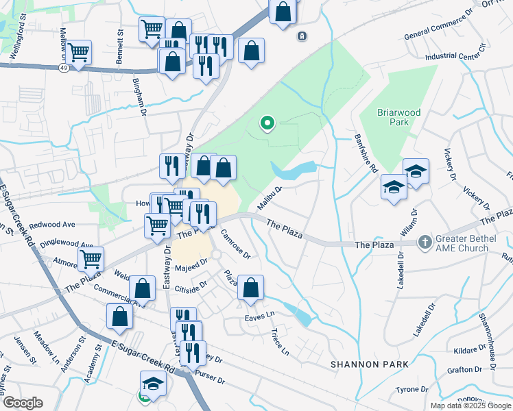 map of restaurants, bars, coffee shops, grocery stores, and more near 4817 Malibu Drive in Charlotte
