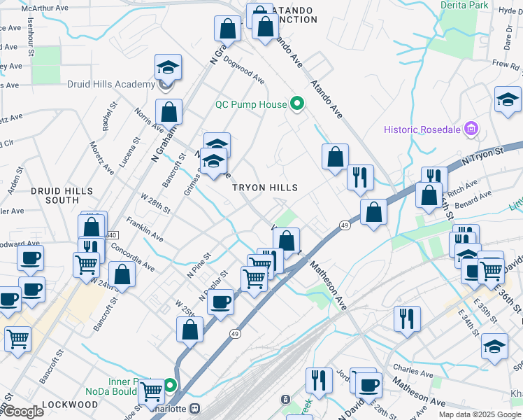 map of restaurants, bars, coffee shops, grocery stores, and more near 324 West 30th Street in Charlotte