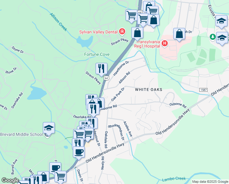 map of restaurants, bars, coffee shops, grocery stores, and more near 90 Allison Road in Brevard