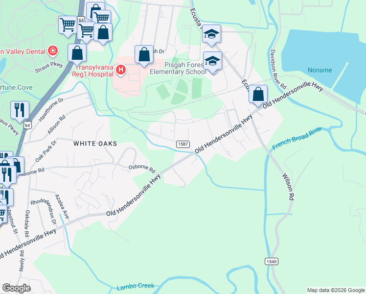 map of restaurants, bars, coffee shops, grocery stores, and more near 87 Cherry Street in Brevard