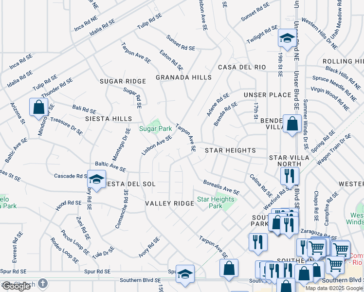 map of restaurants, bars, coffee shops, grocery stores, and more near 606 Mesa Vista Court Southeast in Rio Rancho