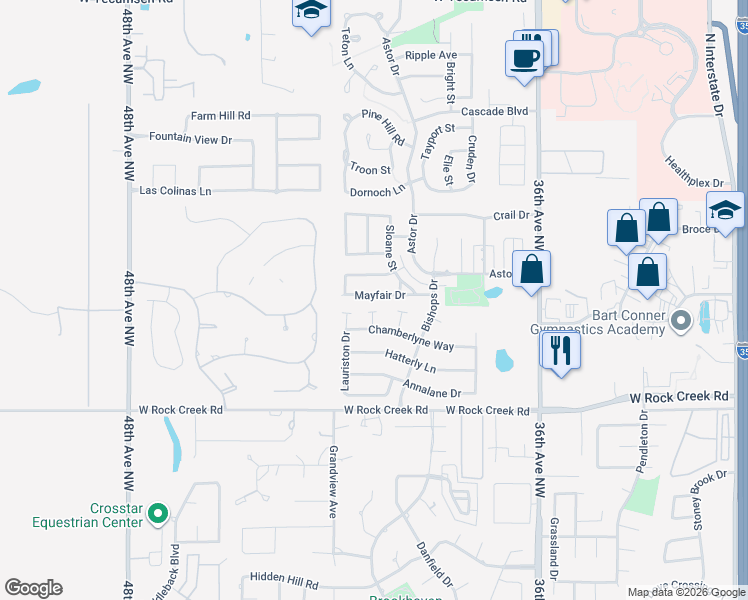 map of restaurants, bars, coffee shops, grocery stores, and more near 4025 Mayfair Drive in Norman