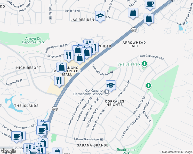 map of restaurants, bars, coffee shops, grocery stores, and more near 4107 Las Cimbras Court Southeast in Rio Rancho
