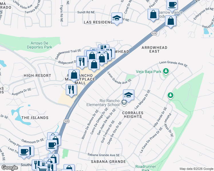 map of restaurants, bars, coffee shops, grocery stores, and more near 4107 Las Cimbras Court Southeast in Rio Rancho
