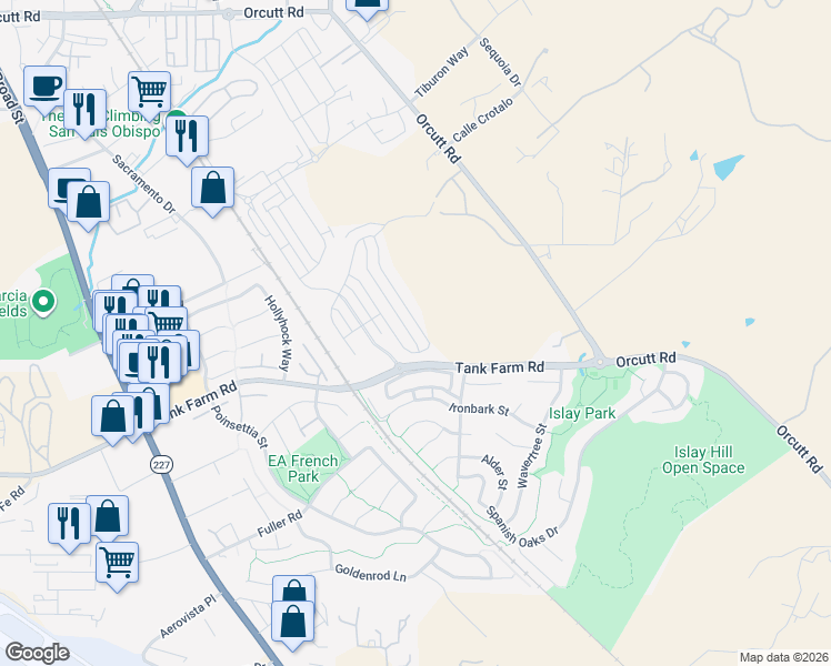 map of restaurants, bars, coffee shops, grocery stores, and more near 4207 Hillside Drive in San Luis Obispo