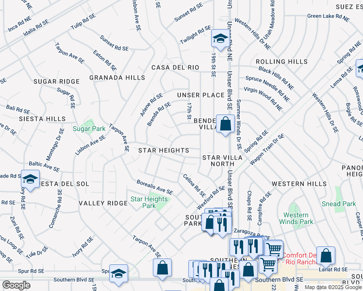 map of restaurants, bars, coffee shops, grocery stores, and more near 321 Geraldine Loop Southeast in Rio Rancho