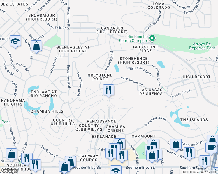 map of restaurants, bars, coffee shops, grocery stores, and more near 3409 Calle Suenos Southeast in Rio Rancho