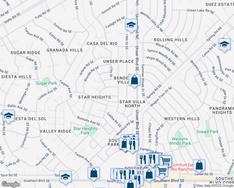 map of restaurants, bars, coffee shops, grocery stores, and more near 301 Geraldine Loop Southeast in Rio Rancho