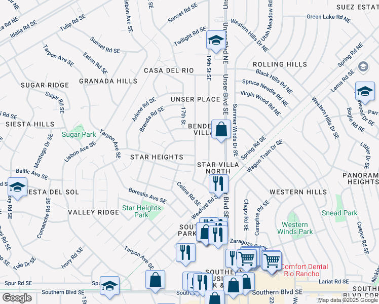 map of restaurants, bars, coffee shops, grocery stores, and more near 301 Geraldine Loop Southeast in Rio Rancho