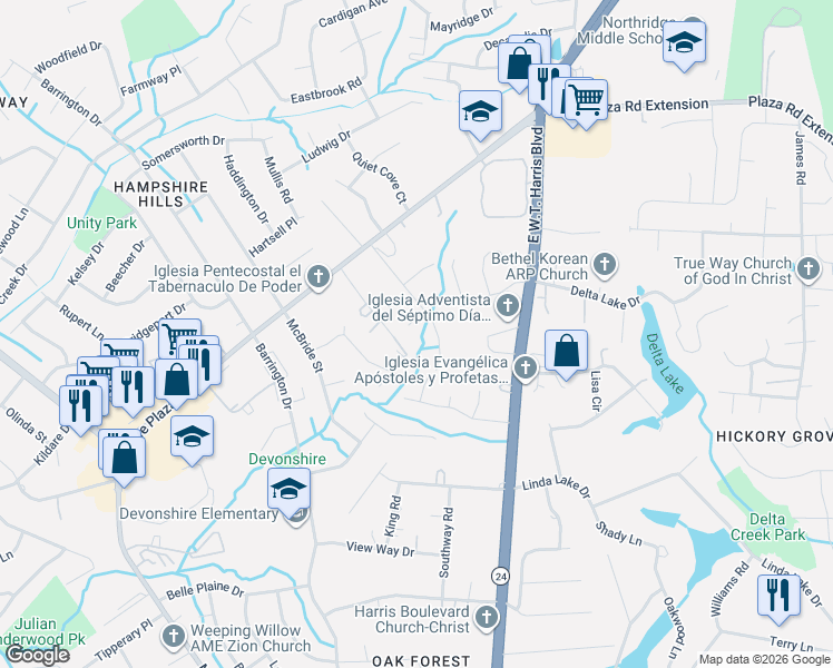 map of restaurants, bars, coffee shops, grocery stores, and more near in Charlotte