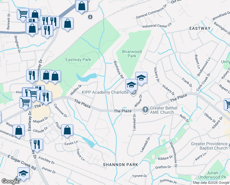 map of restaurants, bars, coffee shops, grocery stores, and more near 1005 Glenfiddich Drive in Charlotte