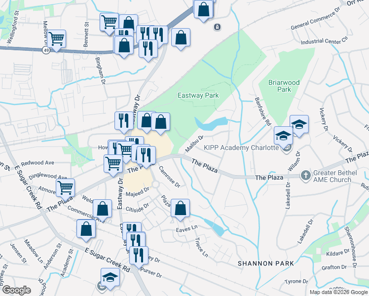 map of restaurants, bars, coffee shops, grocery stores, and more near 4817 Malibu Drive in Charlotte