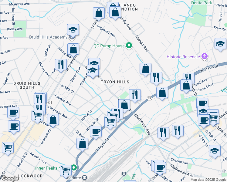 map of restaurants, bars, coffee shops, grocery stores, and more near 2711 Bellefonte Drive in Charlotte