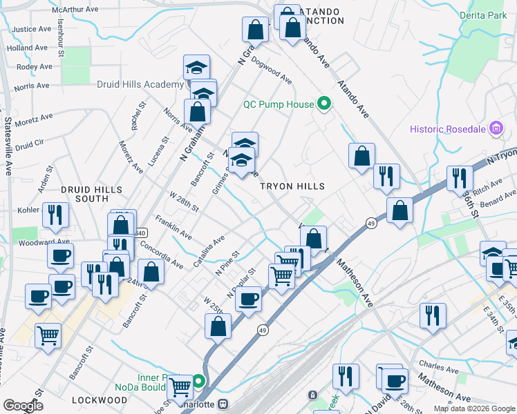 map of restaurants, bars, coffee shops, grocery stores, and more near in Charlotte