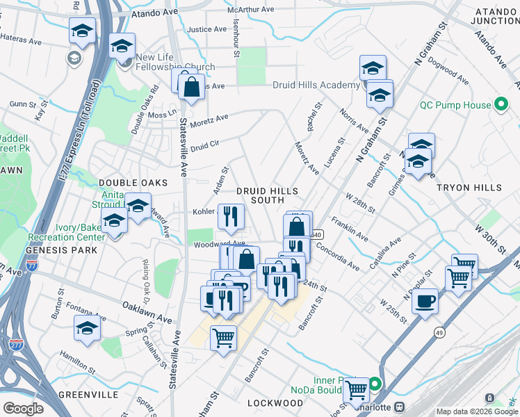 map of restaurants, bars, coffee shops, grocery stores, and more near 2200 Vanderbilt Road in Charlotte