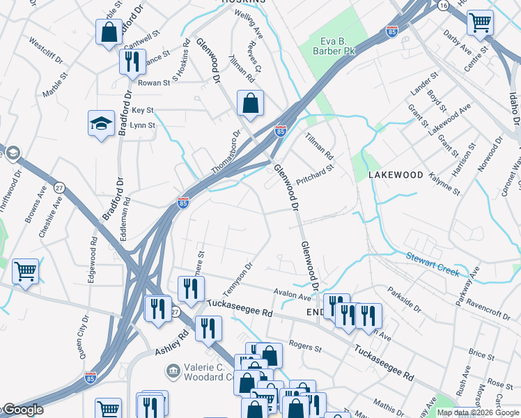 map of restaurants, bars, coffee shops, grocery stores, and more near 731 Tennyson Drive in Charlotte