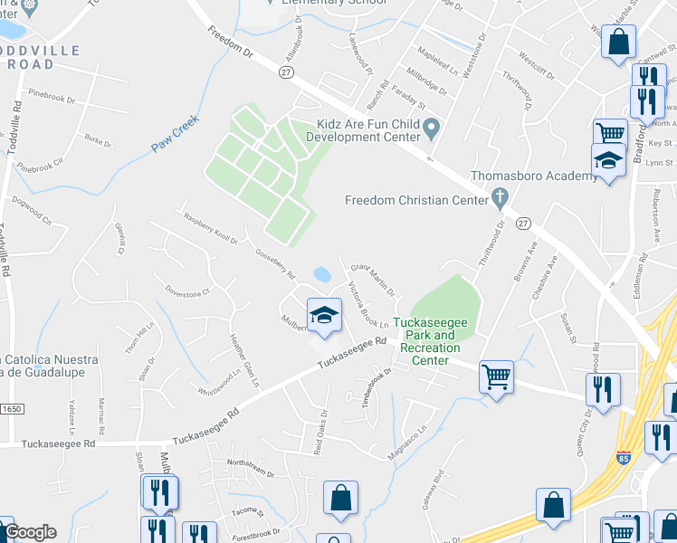 map of restaurants, bars, coffee shops, grocery stores, and more near 3419 Victoria Brook Lane in Charlotte