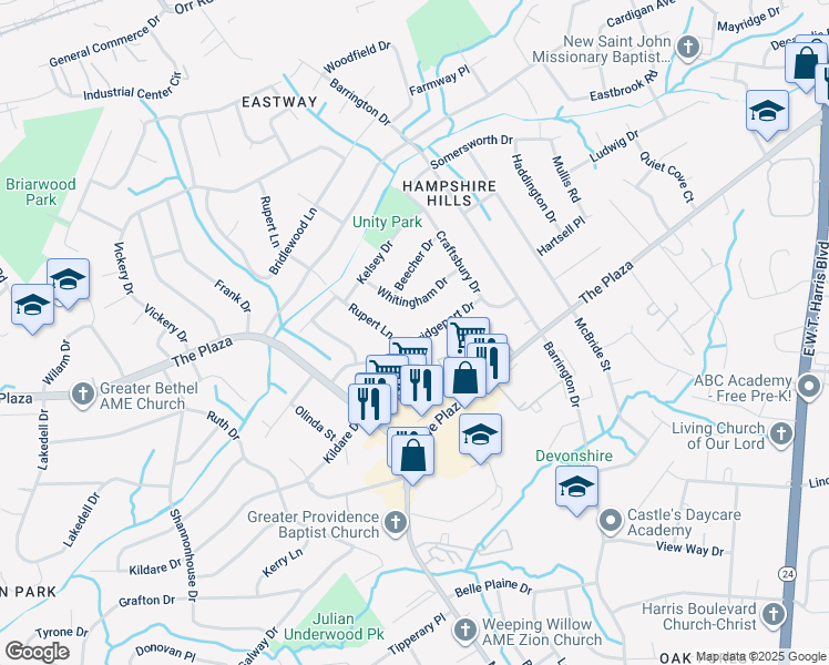 map of restaurants, bars, coffee shops, grocery stores, and more near 6321 Bridgeport Dr in Charlotte