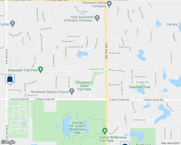 map of restaurants, bars, coffee shops, grocery stores, and more near 2632 Quanah Parker Trail in Norman