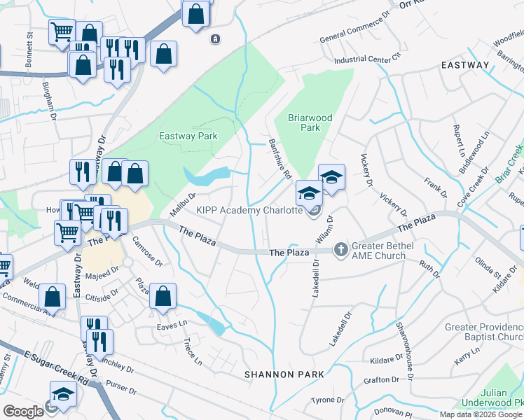 map of restaurants, bars, coffee shops, grocery stores, and more near 1018 Glenfiddich Drive in Charlotte