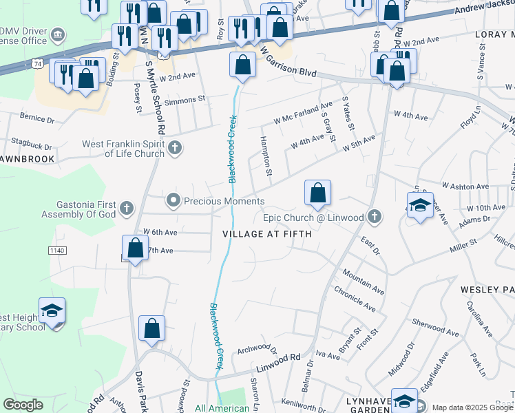 map of restaurants, bars, coffee shops, grocery stores, and more near 1516 Logan Patrick Court in Gastonia