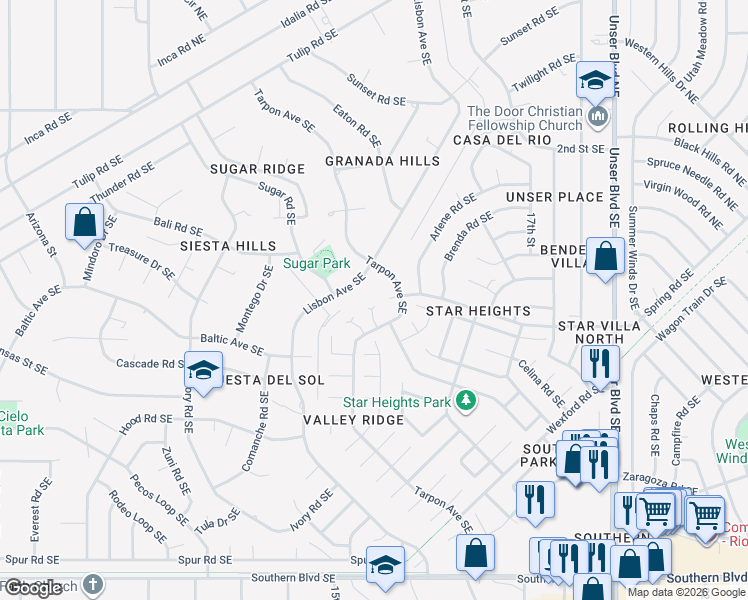 map of restaurants, bars, coffee shops, grocery stores, and more near 608 Mesa Vista Court Southeast in Rio Rancho