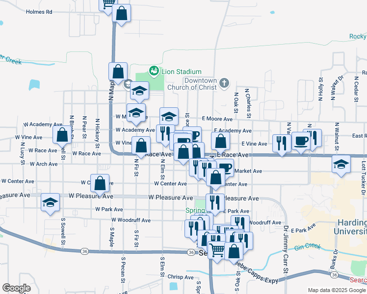 map of restaurants, bars, coffee shops, grocery stores, and more near 501 North Spruce Street in Searcy