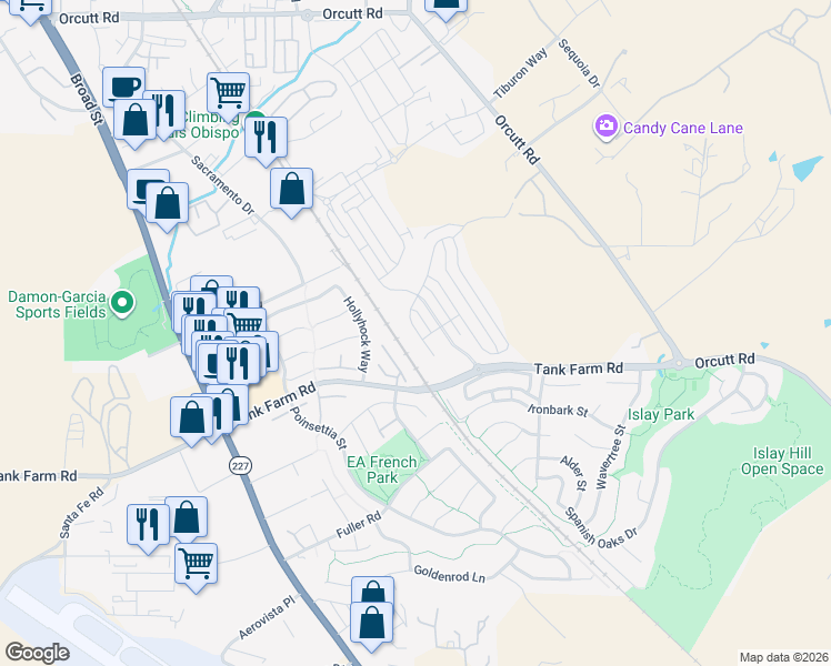map of restaurants, bars, coffee shops, grocery stores, and more near 1032 Twin Creek Road in San Luis Obispo