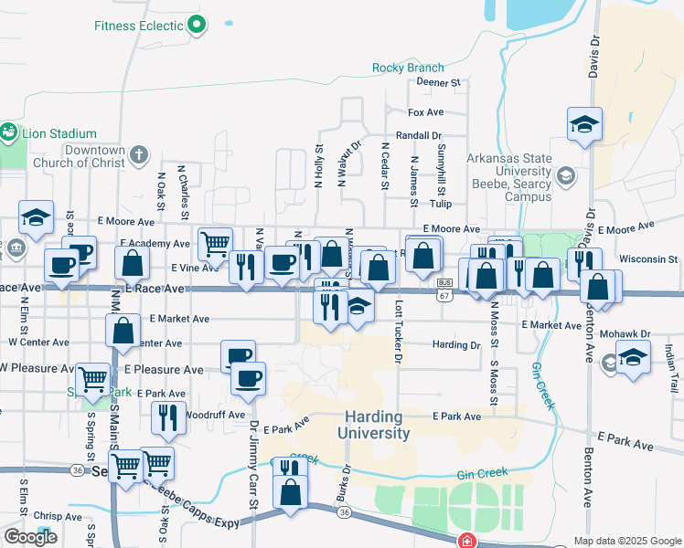 map of restaurants, bars, coffee shops, grocery stores, and more near 407 North Walnut Street in Searcy