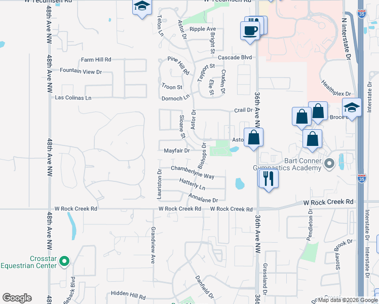 map of restaurants, bars, coffee shops, grocery stores, and more near 3914 Mayfair Drive in Norman