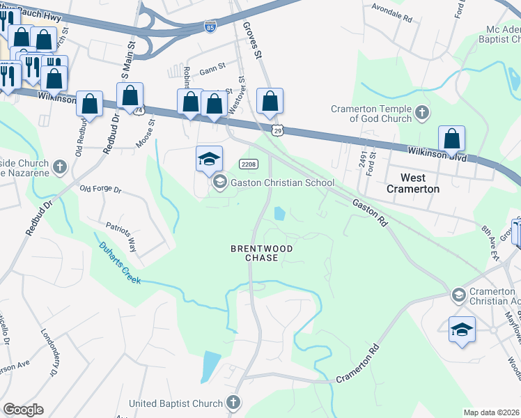 map of restaurants, bars, coffee shops, grocery stores, and more near 1641 Lowell Bethesda Road in Gastonia