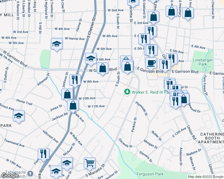 map of restaurants, bars, coffee shops, grocery stores, and more near 909 South South Street in Gastonia