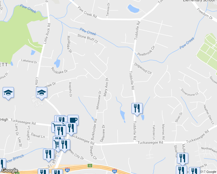 map of restaurants, bars, coffee shops, grocery stores, and more near 2209 Mary Ann Drive in Charlotte