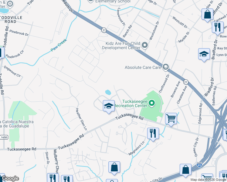 map of restaurants, bars, coffee shops, grocery stores, and more near 3419 Victoria Brook Lane in Charlotte