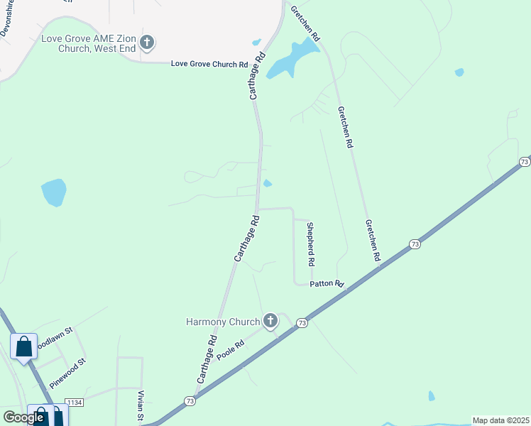 map of restaurants, bars, coffee shops, grocery stores, and more near 114 Patton Road in Moore County