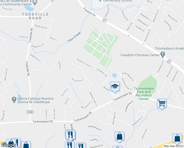 map of restaurants, bars, coffee shops, grocery stores, and more near 5300 Reedham Court in Charlotte