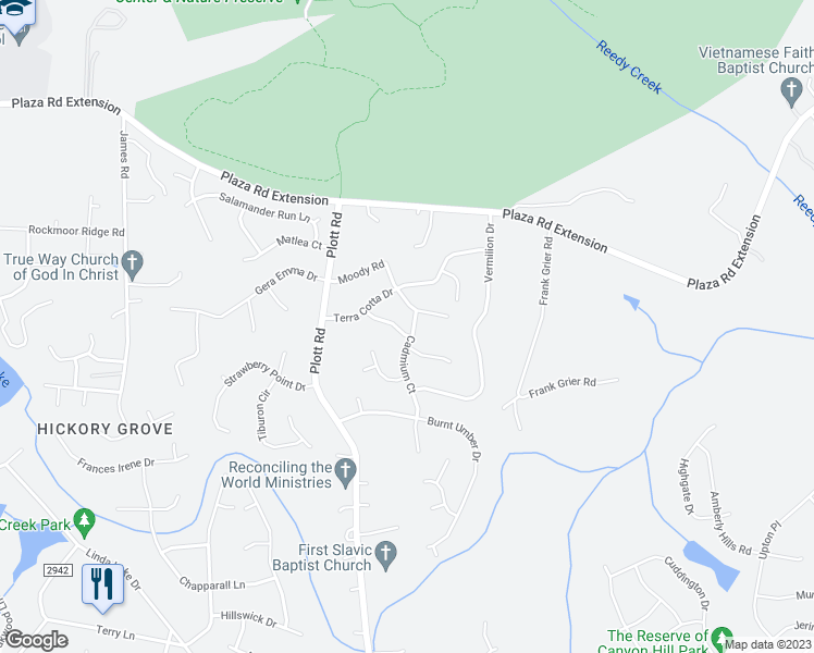 map of restaurants, bars, coffee shops, grocery stores, and more near 8535 Ochre Drive in Charlotte