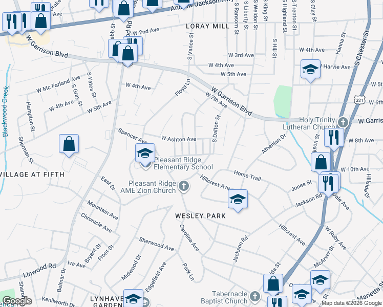 map of restaurants, bars, coffee shops, grocery stores, and more near 110 Dix Street in Gastonia