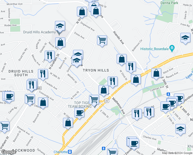 map of restaurants, bars, coffee shops, grocery stores, and more near 2711 Bellefonte Drive in Charlotte