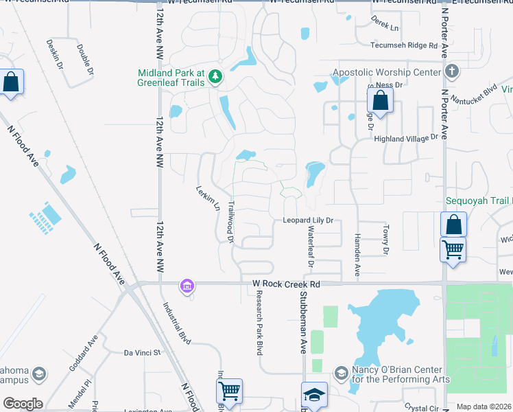 map of restaurants, bars, coffee shops, grocery stores, and more near 801 Mossy Road in Norman