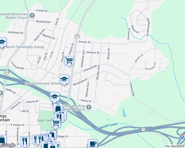 map of restaurants, bars, coffee shops, grocery stores, and more near 803 Woodside Drive in Kings Mountain