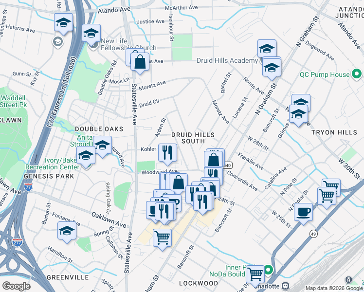 map of restaurants, bars, coffee shops, grocery stores, and more near 2200 Vanderbilt Road in Charlotte