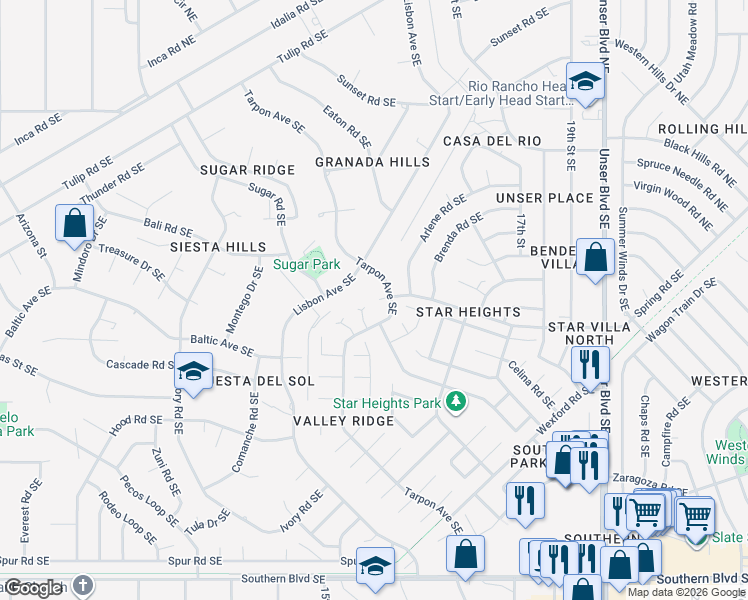 map of restaurants, bars, coffee shops, grocery stores, and more near 1575 Valley Vista Court Southeast in Rio Rancho