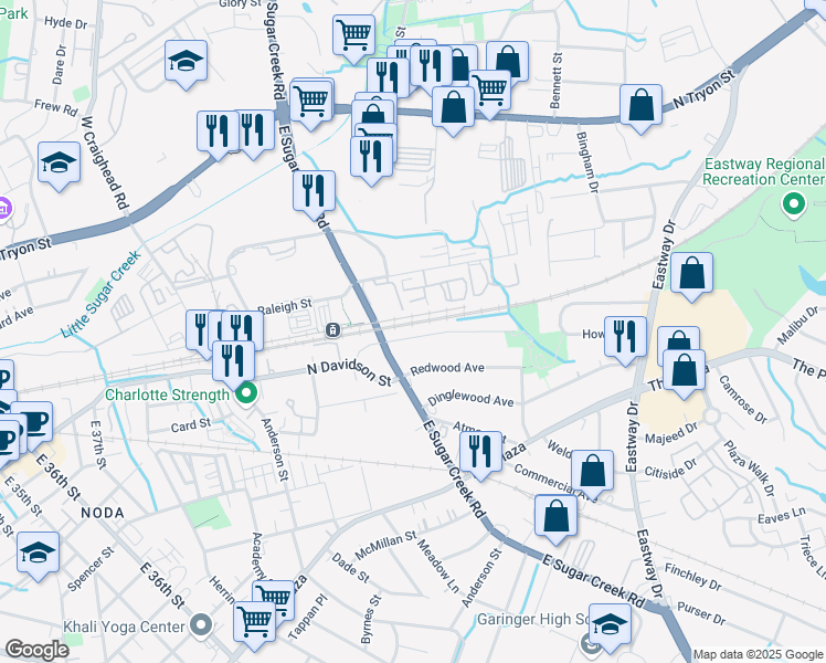 map of restaurants, bars, coffee shops, grocery stores, and more near 3927 Bearwood Avenue in Charlotte