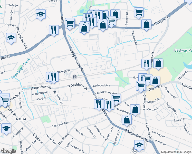 map of restaurants, bars, coffee shops, grocery stores, and more near 3913 Bearwood Avenue in Charlotte