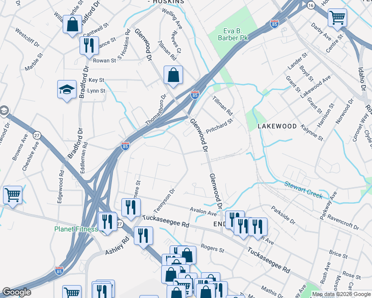 map of restaurants, bars, coffee shops, grocery stores, and more near 731 Tennyson Drive in Charlotte